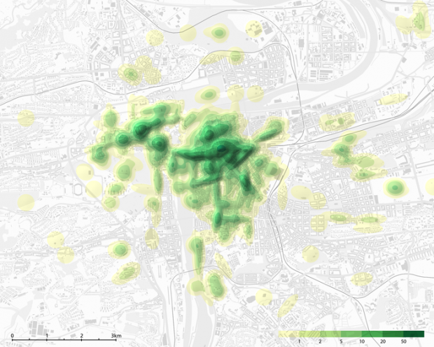 Abb.3: 3D Effekte: Schattierte Oberfläche der Schauplatzdichte am Beispiel analysierter Daten der Modellregion Prag