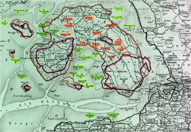 Abb. 2: Pellworm und Nordstrand, historische Karte