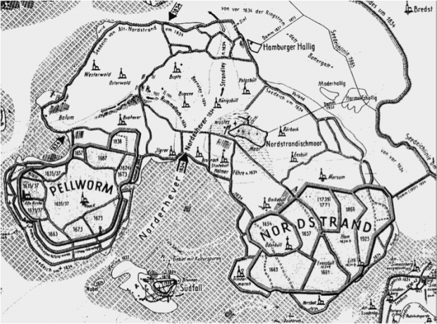 Abb. 3: Pellworm und Nordstrand, historische Karte mitsamt Eindeichungen
