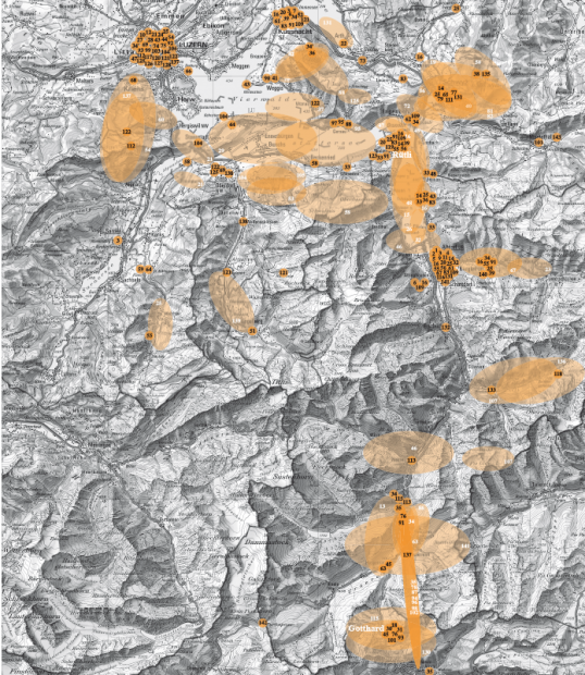 Abb. 2: Der literarische Metaraum Vierwaldstättersee/Gotthard 1477 – 2006 (Ausgangsdaten)